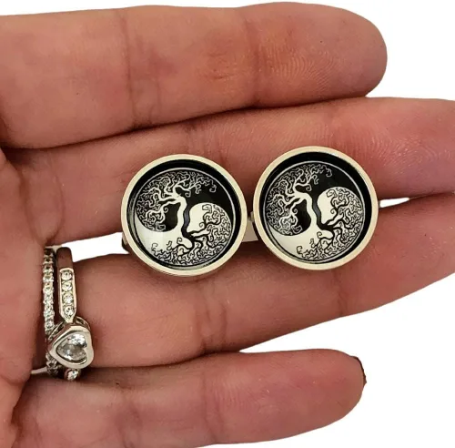 Vista 2 de Celtic Tree of Life Ying Yang Cufflinks and Lapel Tie Pin Tack Gift for Men
