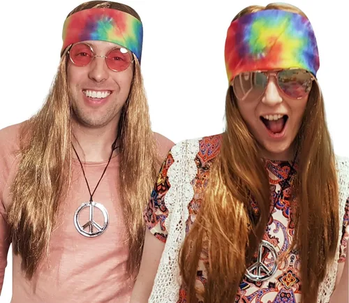 Vista 7 de Disfraz de peluca hippie con bandana de teñido anudado de los años 60 y 70 hippy Woodstock Festival Gear, Marrón
