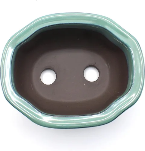 Vista 3 de Olla para bonsái Seto-Yaki Mokko (membrillo) en forma de Oribe-Yu esmaltado (6.9 ")