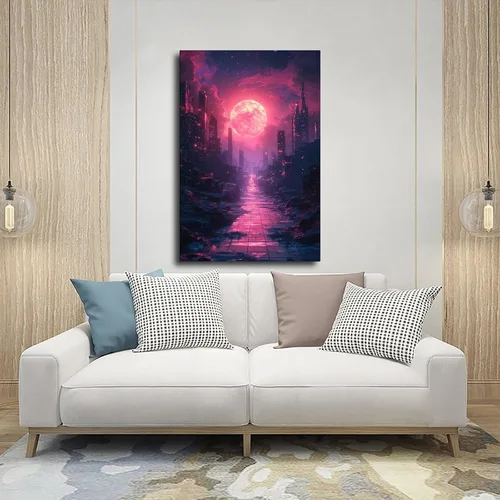 Vista 5 de Synthwave Neon City Print – Retro Sci-Fi Digital Art – Modern Vibrant Wall Decoration Modern Wall Prints Abstract Geometric Minimalist Art Framed