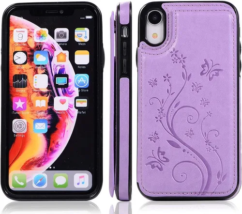 Vista 4 de Asuwish Funda para iPhone XR con protector de pantalla de vidrio templado, funda de cuero con soporte para tarjetas, doble cierre magnético y funda
