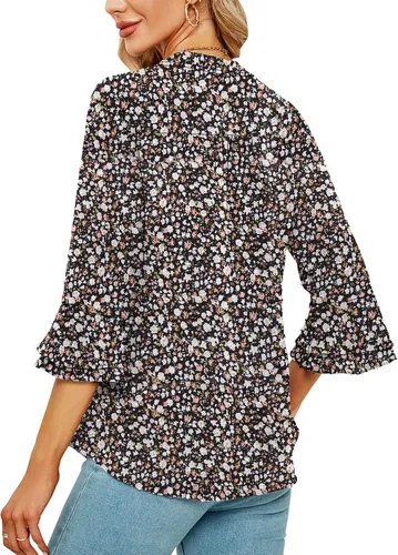 Vista 3 de Blusas de gasa para mujer, manga 34, cuello en V, plisadas, con volantes, lunares suizos, blusas de trabajo para mujer, linda camisa de verano