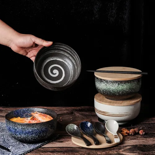 Vista 5 de Tazones grandes de cerámica para ramen de 38 onzas, 2 juegos (8 piezas), cuencos de ramen japonés, tazón de sopa, cuencos de fideos con cucharas
