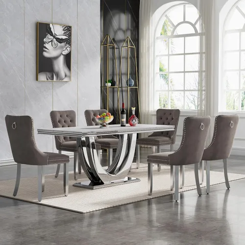 Vista 93 de Juego de mesa de comedor de mármol sintético, 7 piezas, juego de mesa de cocina y comedor para 6, mesa de comedor rectangular blanca de 70 pulgadas