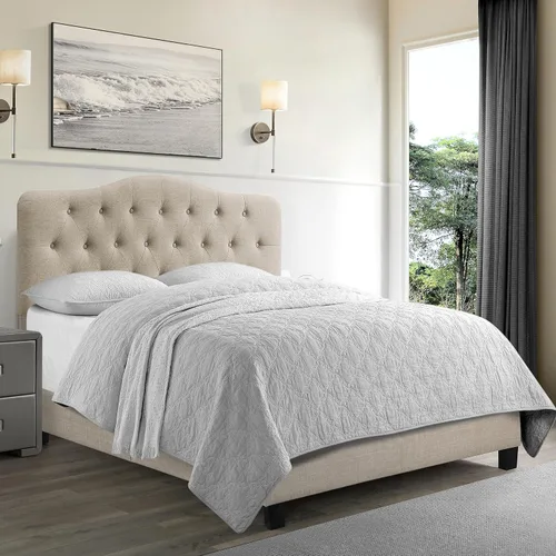 Vista 17 de Rosevera Carlisle Marco de cama con cabecera ajustable con botones para dormitorio, tapizado de lino, soporte de listones de madera, fácil montaje