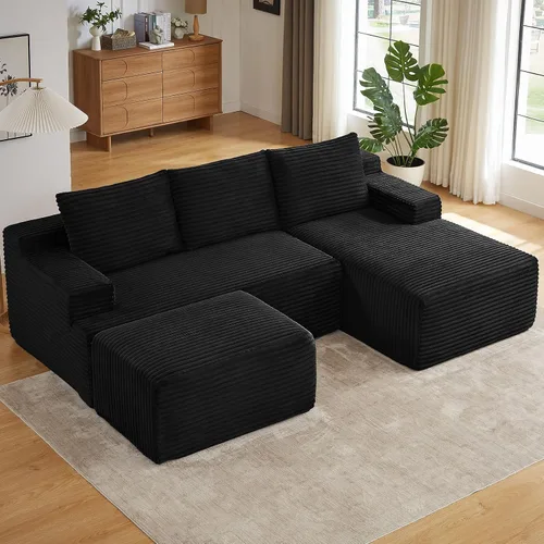 Vista 27 de Sofá modular Cloud de 95 pulgadas con otomana, moderno sofá nube en forma de U con asiento profundo, cómodo sofá de pana de 3 plazas, sofá de espuma