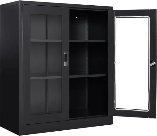 Vista 18 de Armario de almacenamiento de metal con 2 puertas y estantes ajustables, armario de metal ancho, gabinete de almacenamiento bajo, gabinete de acento