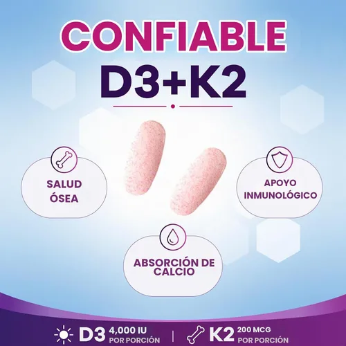 Vista 6 de Vitamina D3 K2-4000 UI Vitamina D3 y 200 mcg Vitamina K2 MK-7 – Apoyo a la salud ósea, corazón e inmune – Absorción de calcio – D3K2 sabor a bayas