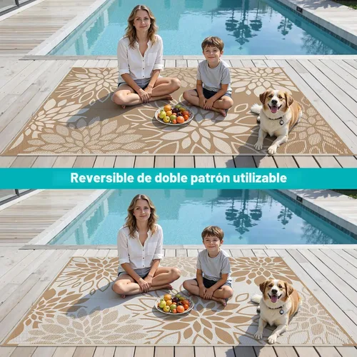 Vista 4 de HEBE Alfombra impermeable para exteriores de 5 x 8 pies para patios, alfombra de paja de plástico reversible floral, alfombra de patio, alfombra