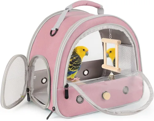 Vista 12 de Jaula portátil de viaje para loros con juguete pequeño oscilante y jaula de juguetes coloridos, bolsa de periquito para pájaros pequeños con bolsa