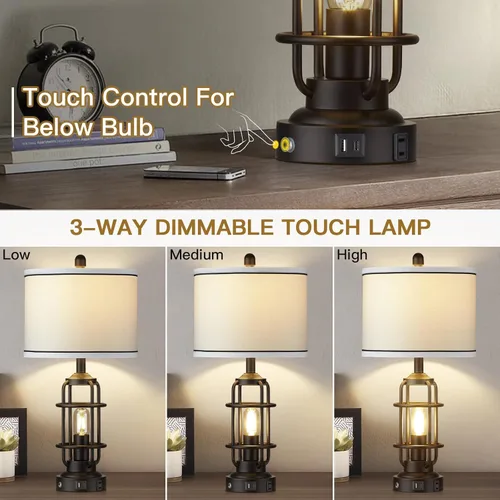 Vista 5 de Lámparas de mesa modernas, lámpara de noche industrial regulable de 3 vías con puertos USB A+C y salida de CA, control táctil, lámpara de mesita
