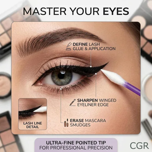 Vista 4 de 760 hisopos de algodón CGR Precision empacados en recipiente acrílico para hisopos con punta puntiaguda y aplanada, aplicador de maquillaje
