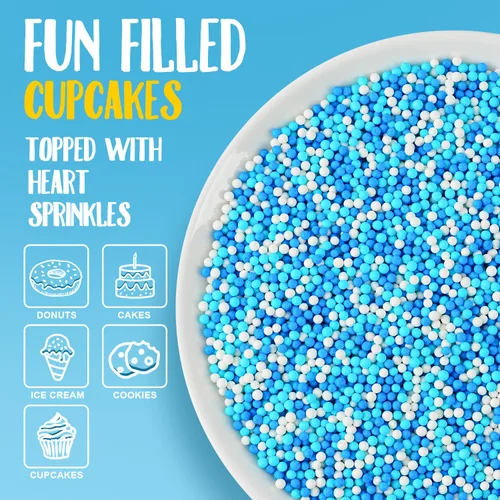 Vista 4 de Gránulos comestibles de Nonpareils azules y blancos de 2mm, mini perlas para decorar pasteles, caramelos de azúcar, galletas, magdalenas