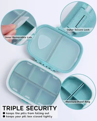 Vista 2 de Organizador de pastillas de viaje con 8 compartimentos, pastillero diario pequeño para bolsa de bolsillo, contenedor de píldoras portátil Azul