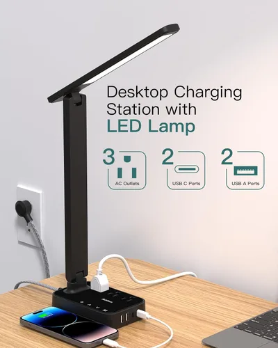 Vista 2 de Addtam Lámpara LED de Escritorio, Regleta con 3 Tomas 4 Puertos de Carga USB (2 USB-C), 4 Modos 5 Niveles de Brillo Lámpara Táctil, Lámpara