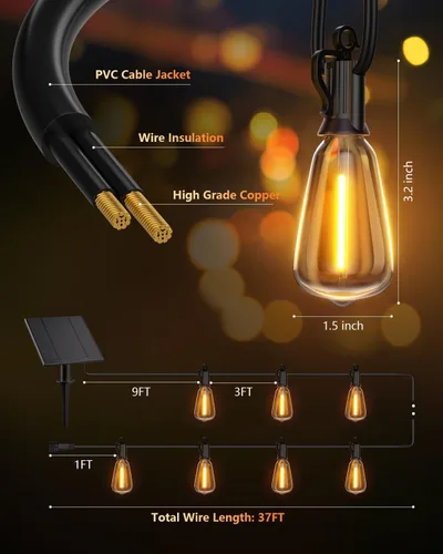 Vista 6 de Brightown Guirnalda de luces solares de 37 pies para exteriores, impermeable, con control remoto, 10+1 bombillas LED inastillables, regulables