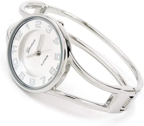 Vista 2 de STC Reloj de pulsera de metal de doble banda de metal de cara redonda de plata para mujer