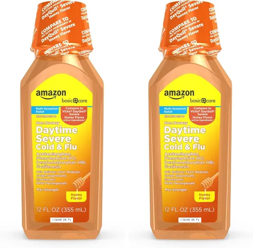 Vista 7 de Amazon Basic Care Alivio severo para el resfriado y la gripe de día con sabor a miel, medicina líquida, 12 fl oz (paquete de 1)