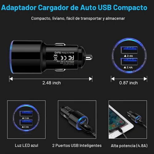 Vista 5 de Cargador de coche USB, 2 unidades de 4.8 A de carga rápida de doble puerto USB para iPhone 15 14 13 12 11 Pro Max SE XR X 8 7 6, iPad, Samsung