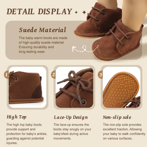Vista 2 de Botas de nieve cálidas unisex para bebé, piel de piel para recién nacido, con cordones, suela de textura de goma antideslizante, zapatos de cuna