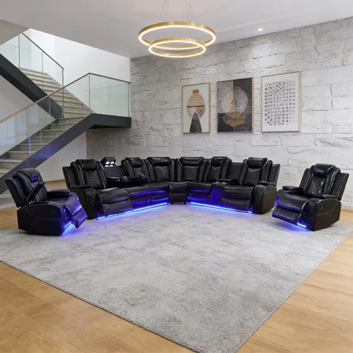 Vista 38 de Juego de sofá modular reclinable eléctrico para sala de estar, juego de sofá reclinable de cuero con luces LED / almacenamiento oculto, sofá