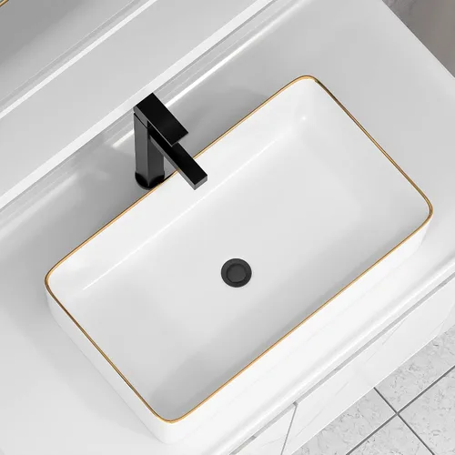 Vista 11 de Fregadero de recipiente blanco redondo - Fulorni 33x33 cm Lavabo de baño de cerámica de porcelana con borde dorado sobre encimera, fregadero