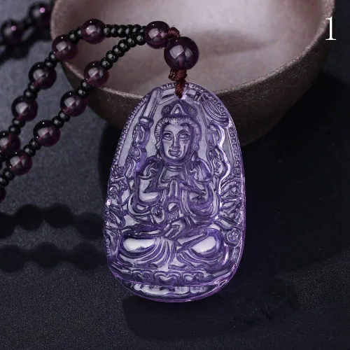 Vista 2 de Elhpbwhty Colgante de amatista natural con signo del zodiaco de la piedra de nacimiento Bodhisattva Amuleto talismán con cadena de cuentas