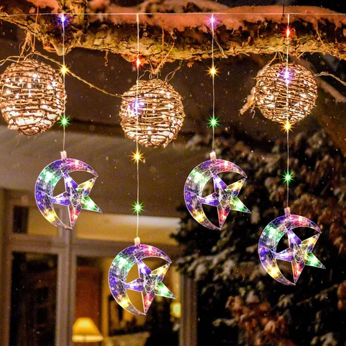 Vista 6 de Geelin Decoraciones de Ramadán para el hogar, tira de luces LED Eid para ventana, 3 pies, 4 pilas de luna y estrella y luces de Ramadán alimentadas