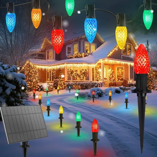 Vista 13 de Brightown Luces de Navidad C9 C9 para exteriores, 25.7 pies, fresa, C9, luces de camino de Navidad con 20 bombillas LED y estacas, decoraciones