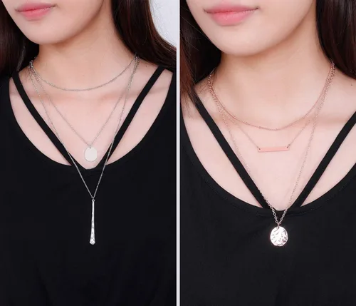 Vista 7 de Juego de 2 collares bohemios en capas multicapa, collares de cadena simple con colgante de barra de monedas para mujer