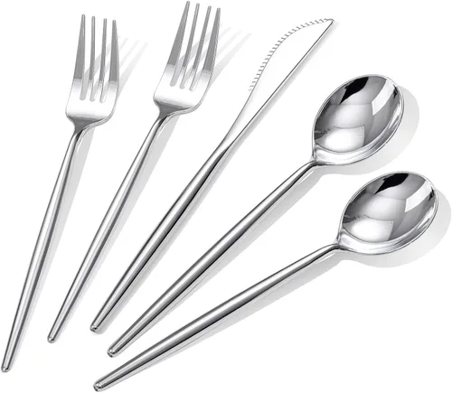 Vista 9 de Rubtlamp 90 cubiertos negros de plástico, cubiertos desechables de graduación, utensilios resistentes incluyen 30 cuchillos desechables, 60