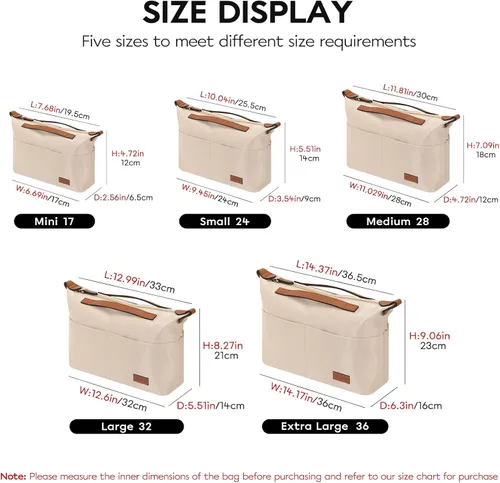 Vista 2 de Organizador de bolso con cremallera (32, beige) Organizador grande de bolsas de mano, múltiples bolsillos en posición de taza y paraguas, divisores