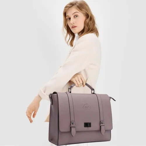 Vista 2 de Maletín para laptop de 15.6 pulgadas para mujer, piel ecológica saffiano morado vintage, 4 compartimentos grandes, 2 bolsillos deslizantes, 1
