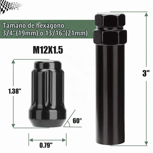 Vista 2 de Tuercas estriadas ATV M12x1.5, 16 tuercas de llanta de 12 x 1.5 pulgadas negras con 1 llave de enchufe, tuercas de bloqueo de extremo cerrado
