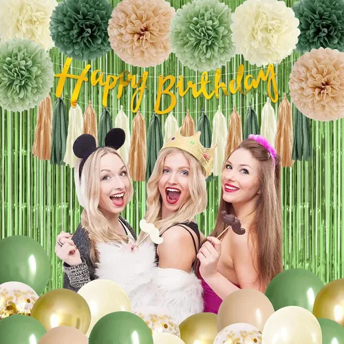 Vista 4 de Decoraciones de fiesta de cumpleaños verde salvia para mujeres y niñas, pancarta de feliz cumpleaños, retro, verde oliva, dorado, globo, cortina