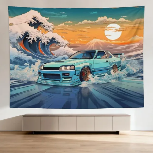 Vista 19 de QEOPGNE Tapiz de pared grande Jdm Anime Sunset Japanese Car S13, tapiz de pared para dormitorio, sala de estar, decoración estética, tapices de 30 x