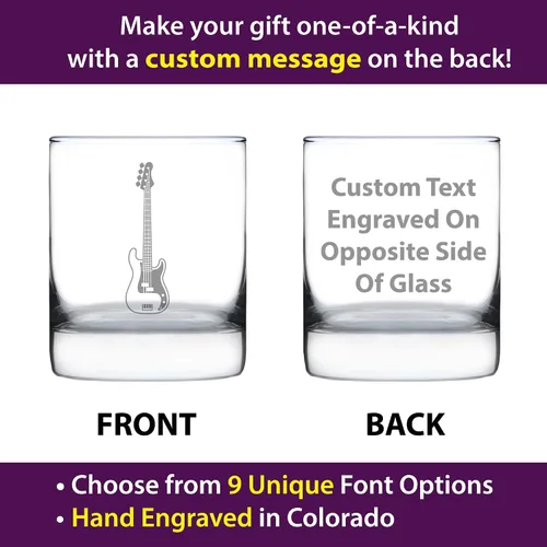 Vista 2 de Vidrio de rocas de bajo eléctrico personalizado – Regalos de música para bajistas, profesores y accesorios musicales para músicos que tocan bajo
