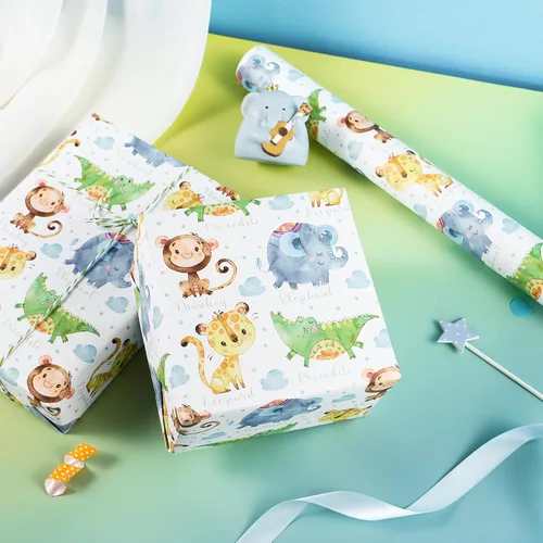Vista 5 de WRAPAHOLIC Rollo de papel de regalo Kraft Animal - Mini Rollo - 17 pulgadas x 16.5 pies - Diseño de mono, elefante y dinosaurio lindos, perfecto
