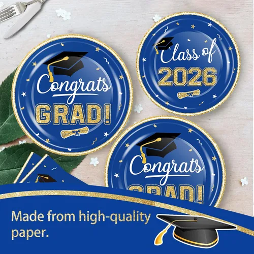 Vista 2 de Juego de vajilla de suministros para fiesta de graduación 2026, 100 platos y servilletas de graduación de oro azul para clase de 2026, vajilla