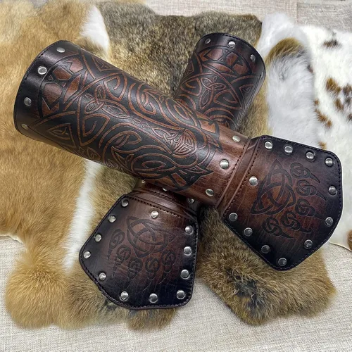 Vista 7 de JAOYU Brazaletes de cuero para hombre, armadura de brazo, brazalete de guantelete, brazaletes medievales, joyería vikinga para mujer, disfraz