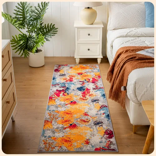 Vista 240 de Istana Alfombra larga antideslizante de 2.5 x 8 para el hogar, para pasillo y cocina, lavable, sedosa y suave al tacto, elegante, color azul y marfil