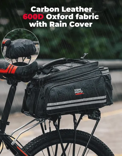 Vista 5 de KEMIMOTO Bolsa de 20L para Bicicleta con Portaequipajes Trasero con Funda Impermeable, Bolsa de Maletero de Bicicleta de Cuero de Carbono Alforja