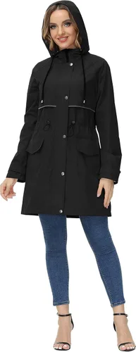 Vista 4 de JASAMBAC Chaqueta larga para mujer, impermeable, ligera, para exteriores, con capucha