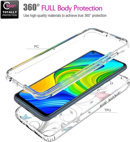 Vista 3 de Funda para Redmi Note 9/Redmi 10X 4G M2003J15SC con protector de pantalla de vidrio templado, cuerpo completo transparente con diseño floral, fundas