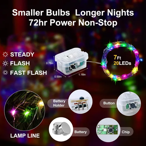 Vista 2 de Aogist Paquete de 24 luces de hadas, 3 modos, 2,1 metros, 20 luces LED, impermeables, cable plateado, funcionan con pilas, mini luces de alambre