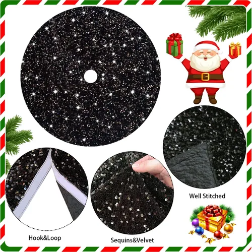 Vista 4 de FANPROMS Falda de Árbol de Navidad Negra de 21 Pulgadas Falda de Árbol de Lentejuelas Única de Terciopelo Faldas Mini de Árbol para Árboles