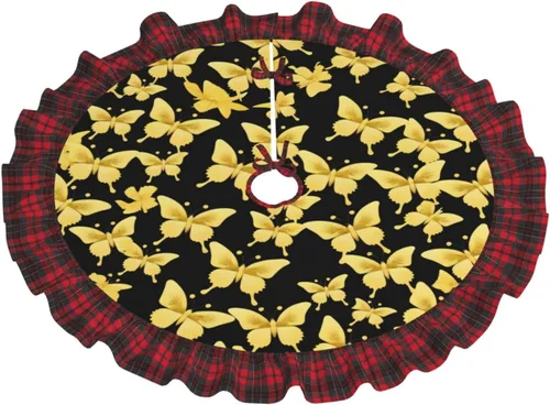 Vista 2 de Beautiful Gold Butterflies Print Christmas Tree Skirt Red Black Plaid Border Xmas Tree Skirt Holiday New Year Party Christmas Party Decor. 30 in 36