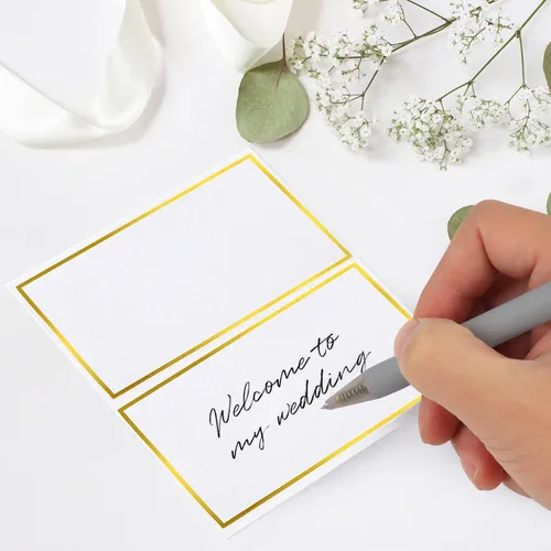 Vista 6 de 120 piezas de tarjetas de lugar, tarjeta de asiento de 2x3.5 pulgadas en blanco rellenable para banquete con marco de lámina dorada para mesa
