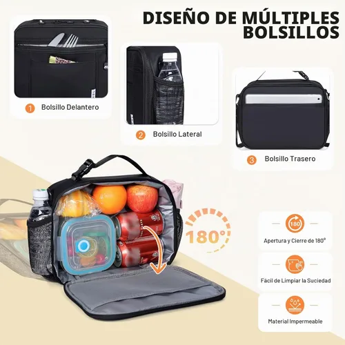Vista 4 de NOL - Lonchera reutilizable con aislamiento para niños, tela resistente al agua, fácil de limpiar, múltiples bolsillos con cremallera, capacidad