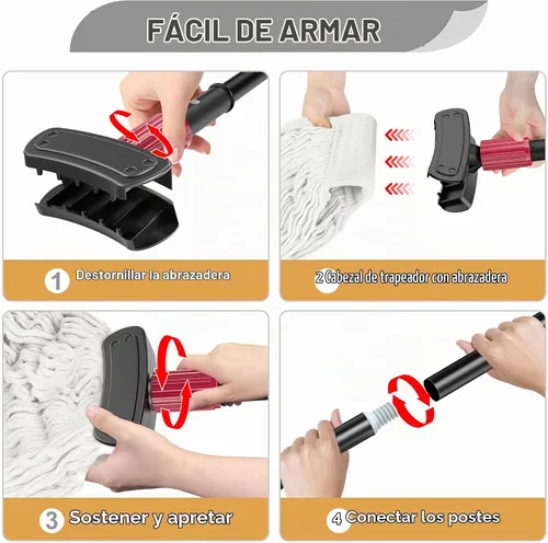 Vista 6 de Fregonas Comerciales para Limpieza de Pisos - Fregona de Bucle con Mango Largo para Pisos de Madera Dura, Baldosas, Vinilo - Cabezal de Algodón